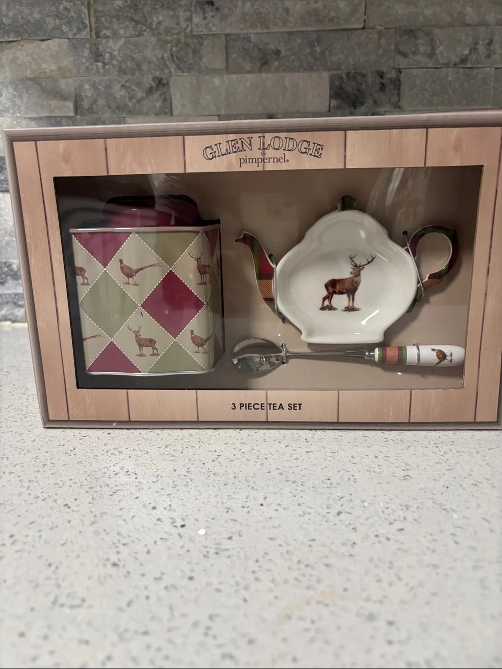 Spode Glen Lodge Pimpernel 3-Piece Deer Tea Set in Green and Burgundy NIB